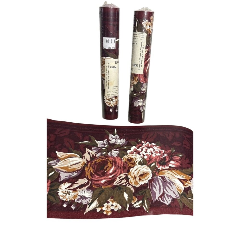 Vinyl Wallpaper Border Roll Vintage Sunworthy Burgandy Floral 5 Yards 3 Rolls Re